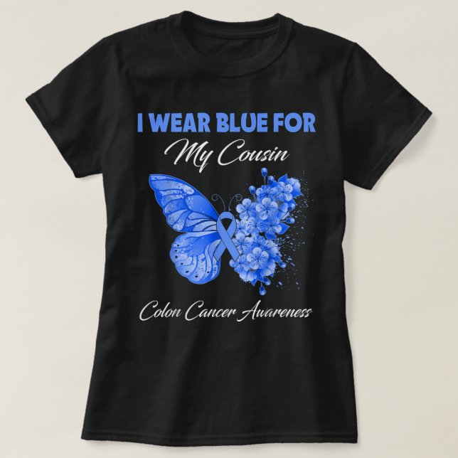 Camiseta Mariposa Que Uso Azul Para Mi Primo Cáncer De Coló (Diseño del anverso)