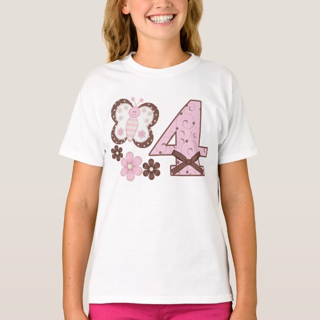 Camiseta Mariposa rosa en cuarto cumpleaños (Anverso)