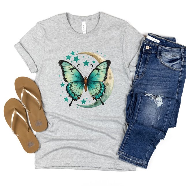 Camiseta Mariposa Teal Estrellas Luna Creciente Boho (Teal butterfly stars crescent moon boho celestial T-shirt for her)