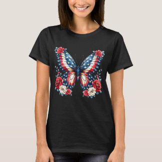 Camiseta Mariposa Y Flores De Bandera Patriótica Estadounid