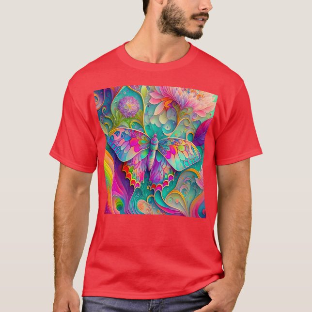 Camiseta Mariposa y flores psicodélicas coloridas (Anverso)