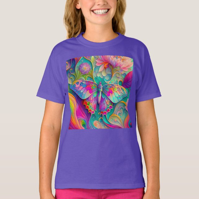 Camiseta Mariposa y flores psicodélicas coloridas (Anverso)