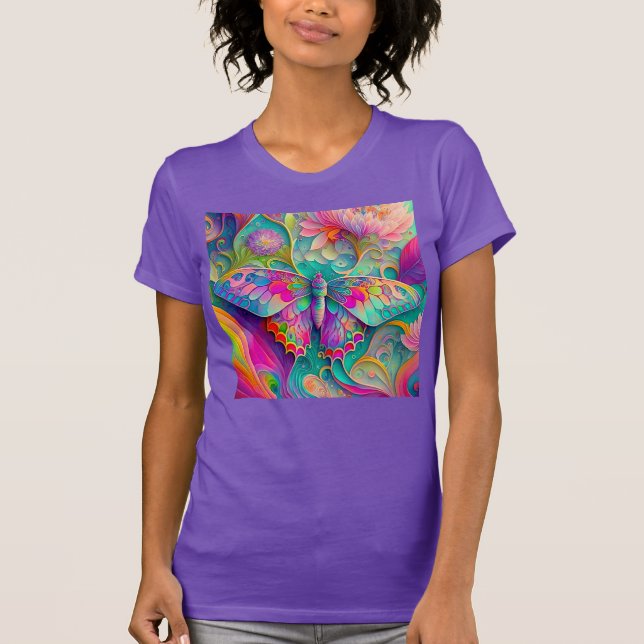 Camiseta Mariposa y flores psicodélicas coloridas (Anverso)