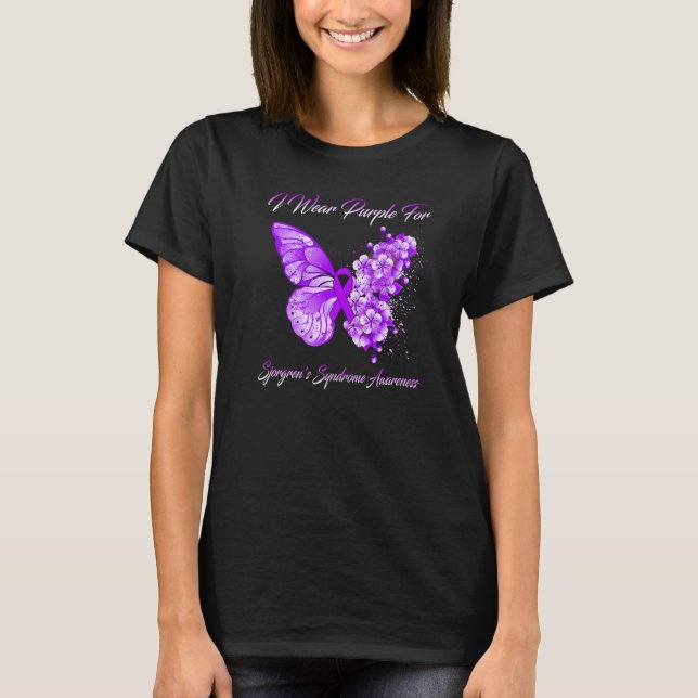 Camiseta Mariposa: Yo uso púrpura para el síndrome de Sjorg (Anverso)