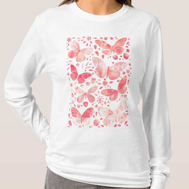 Camiseta Mariposas Acuarela Coral Rosa (Coral blush pink watercolor butterfly pattern t-shirt)