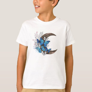 Camiseta Mariposas azules sobre la media luna de madera