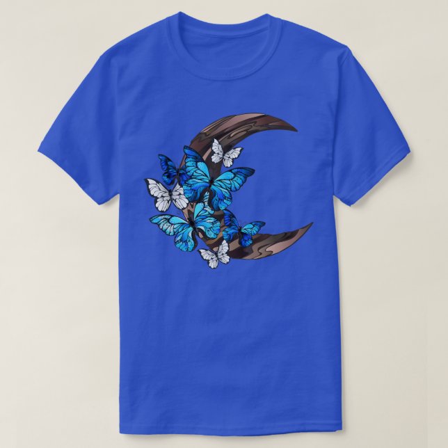 Camiseta Mariposas azules sobre la media luna de madera TSh (Diseño del anverso)