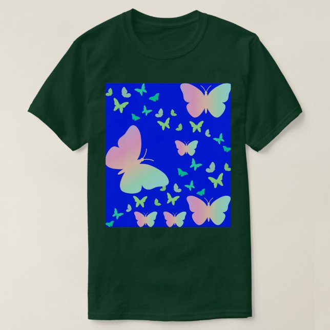 Camiseta Mariposas Coloridas En Patrón Azul (Diseño del anverso)