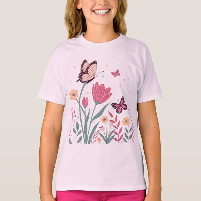 Camiseta Mariposas con tulipanes rosados y margaritas amari (Anverso)