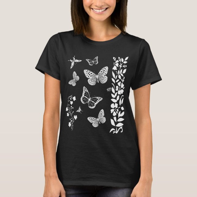 Camiseta Mariposas en el jardín negro elegante (Anverso)