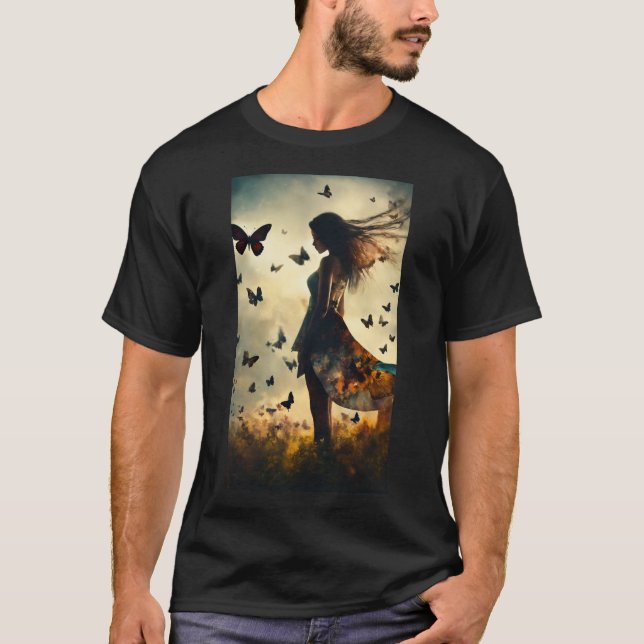 Camiseta Mariposas en papel negro pálido (Anverso)