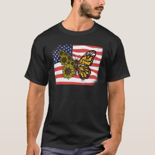 Camiseta Mariposas Monarca Girasoles Bandera Americana Patr
