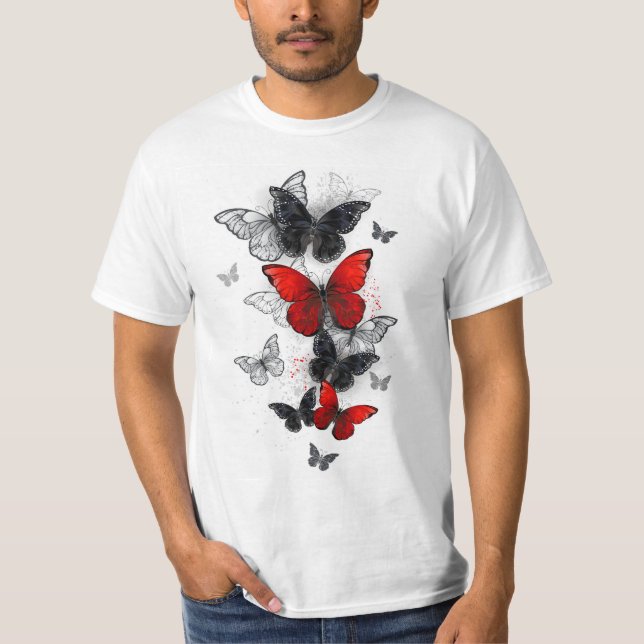 Camiseta Mariposas Morpho voladoras negras y rojas (Anverso)