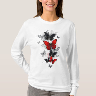 Camiseta Mariposas Morpho voladoras negras y rojas