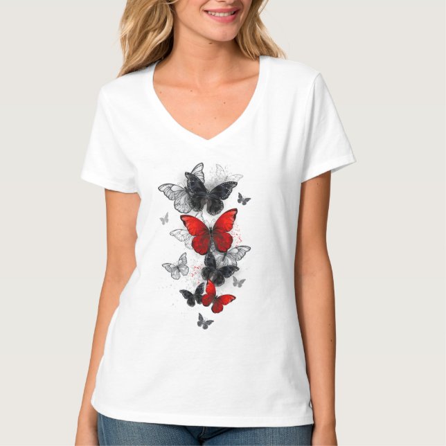 Camiseta Mariposas Morpho voladoras negras y rojas (Anverso)