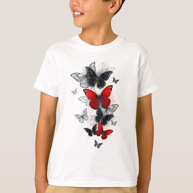 Camiseta Mariposas Morpho voladoras negras y rojas (Anverso)