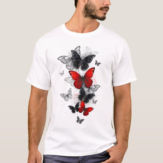 Camiseta Mariposas Morpho voladoras negras y rojas (Anverso)