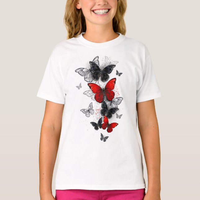Camiseta Mariposas Morpho voladoras negras y rojas (Anverso)