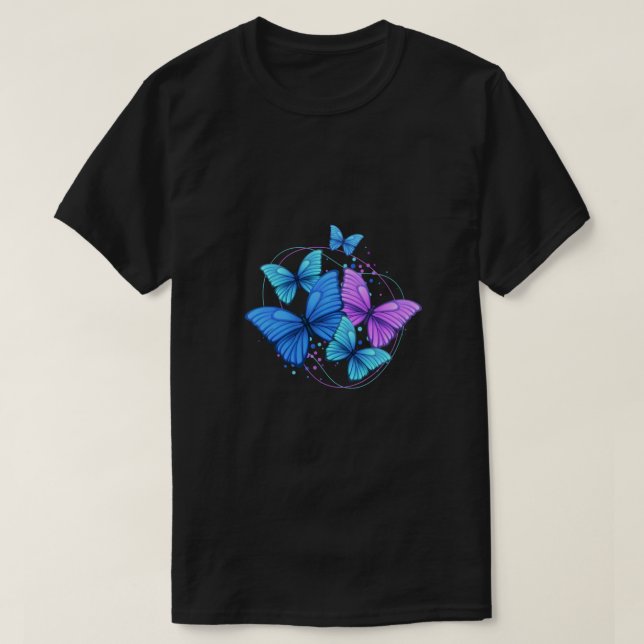 Camiseta Mariposas voladoras modernas violetas azul brillan (Diseño del anverso)