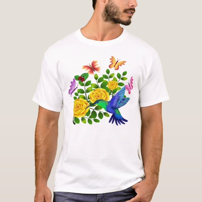 Camiseta Mariposas y colibríes vuelan sobre una baba (Anverso)