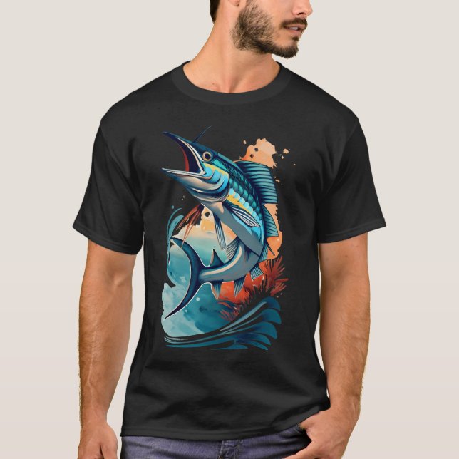 Camiseta Marlín saltando sobre las olas del océano (Anverso)