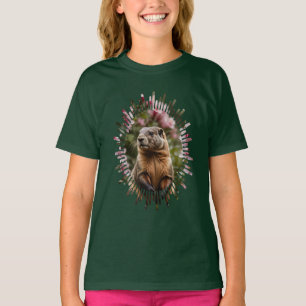 Camiseta Marmota Adorable Con Fondo de Rhododendron Rosa