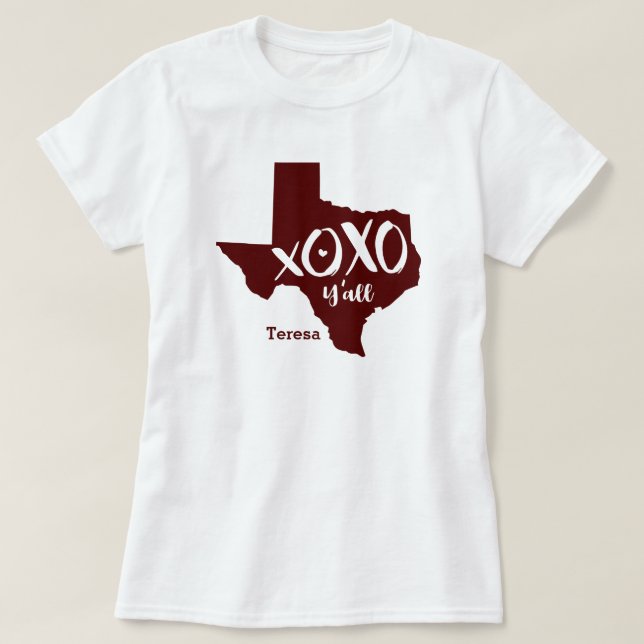 Camiseta Maroon XOXO, Y'all - Forma de estado de Texas (Diseño del anverso)