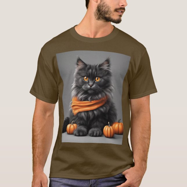 Camiseta marrón gato de Halloween gris esponjoso (Anverso)