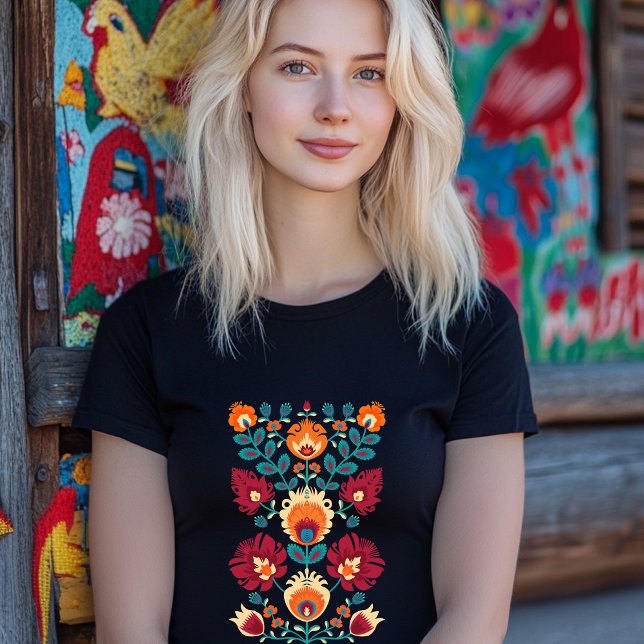 Camiseta Marrón, verde azulado y amarillo pastel Wycinanki (Beautiful polish folklore composition)