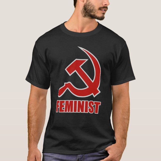 Camiseta Martillo y hoz feministas rojos y grises en negro (Anverso)