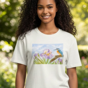 Camiseta Martín pescador acuarela con lirios púrpura