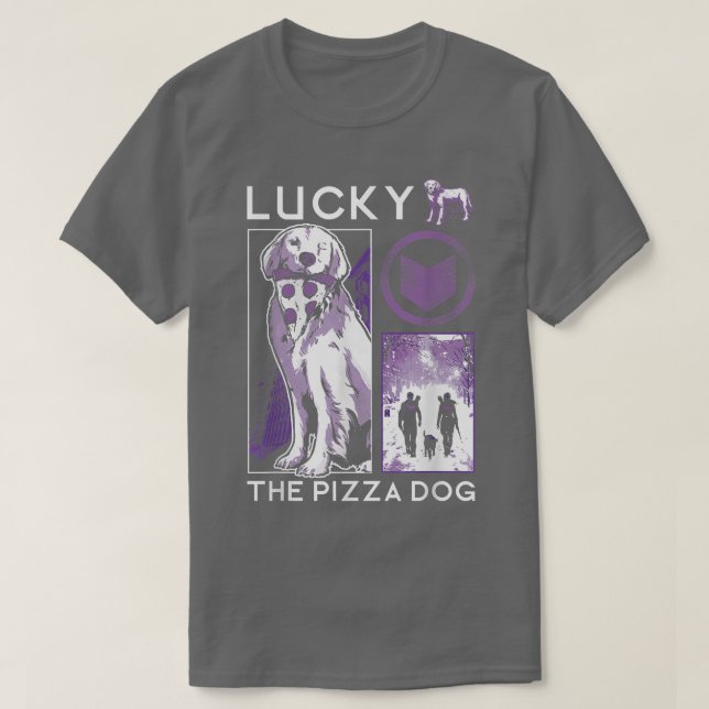 Camiseta Marvel Hawkeye Suerte El Collage Pizza Perro Púrpu (Diseño del anverso)