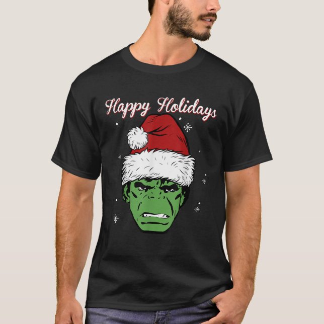 Camiseta Marvel Hulk Santa Hat feliz retrato de vacaciones  (Anverso)