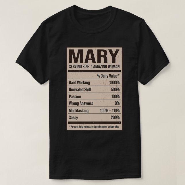 Camiseta Mary Nutrition Facts Name Nickname Alias Title Fri (Diseño del anverso)