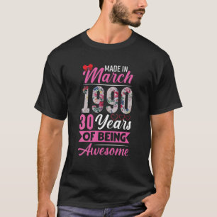Camiseta Marzo de 1990 Regalos para mujeres de 30 años