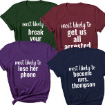 Camiseta Más Probable Para El Personalizado De Viaje Del Ch<br><div class="desc">¡Celebra tu equipo de chicas con la camiseta del Personalizado del viaje del Chica del partido de la soltera! Estos camisetas son la adición perfecta a las vacaciones de sus chicas, agregando un toque de humor y unidad a la celebración. Diseñados con un divertido y coincidente tema "Más probable", estos...</div>