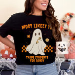 Camiseta Más Probable Que Coincida Con El Profesor Fantasma<br><div class="desc">Eleva tu espíritu de Halloween y muestra la unidad de tu equipo con la "Camiseta del maestro fantasma de Halloween que más probablemente coincida". Diseñada pensando en los profesores, esta camiseta combina humor y alegría navideña de una manera divertida y de moda. Su tema "Lo más probable" agrega un giro...</div>