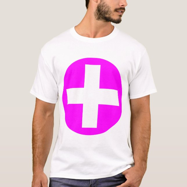 Camiseta Más Rótulo en blanco con Magenta (Anverso)