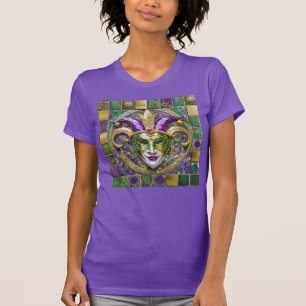 Camiseta Máscara de bufón de Mardi Gras verde púrpura dorad