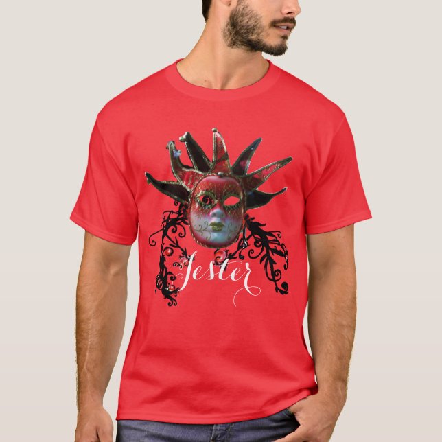 Camiseta MÁSCARA DE JESTER ROJO NEGRO,Mascarada de HINCHAS  (Anverso)