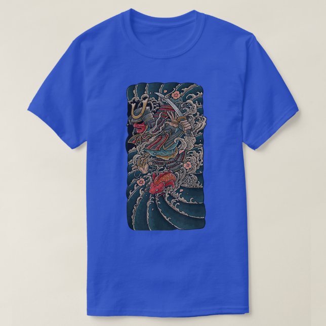 Camiseta Máscara De Oni Rojo De Samurai Con Espada Y Pescad (Diseño del anverso)