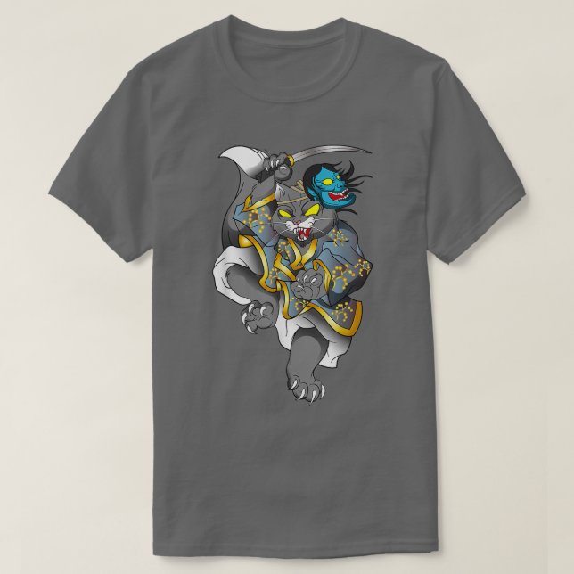 Camiseta Mascara de ópera de Samurai, gato japonés de arte  (Diseño del anverso)