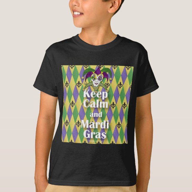 Camiseta Máscara Jester mantener la calma y el Mardi Gras (Anverso)
