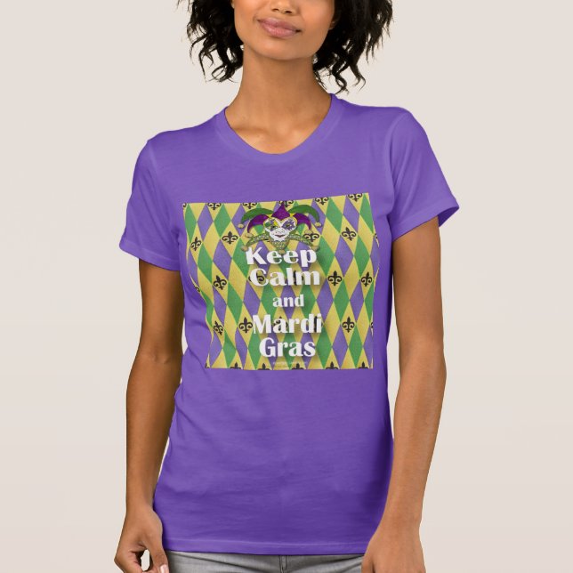 Camiseta Máscara Jester mantener la calma y el Mardi Gras (Anverso)