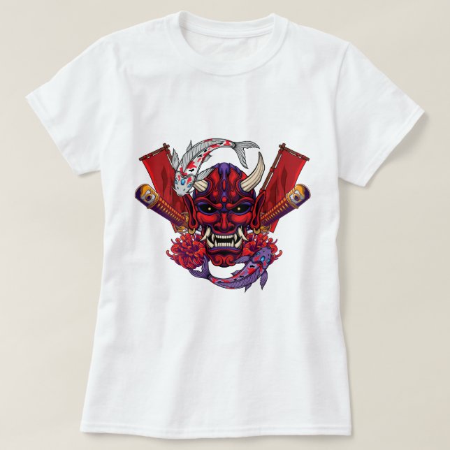 Camiseta Máscara Kabuki Oni y peces Koi (Diseño del anverso)