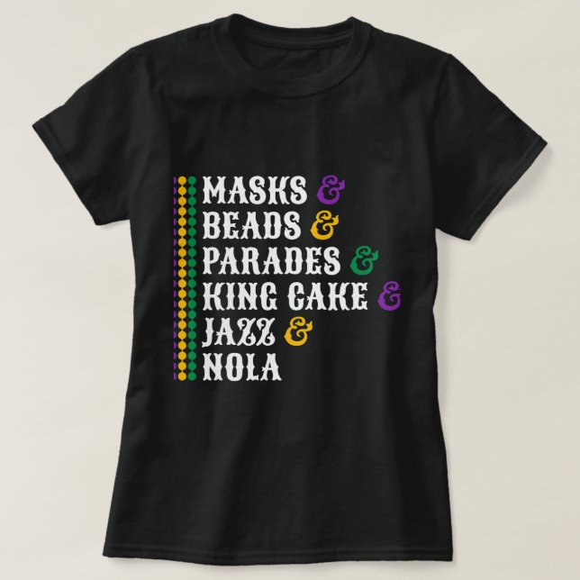 Camiseta Mascarillas de abalorios desfiles King Cake Jazz N (Diseño del anverso)