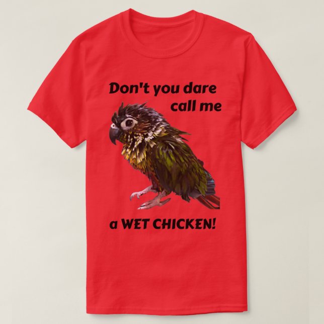 Camiseta Mascota de pollo mojado verde conuro de mejilla az (Diseño del anverso)