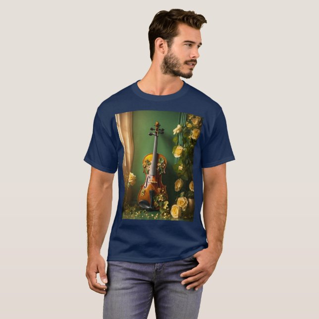 Camiseta masculina con diseño floral de violín vin (Anverso completo)