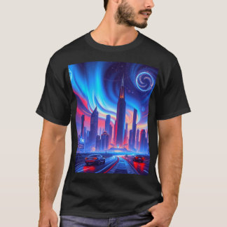 Camiseta masculina de ciudad futurista