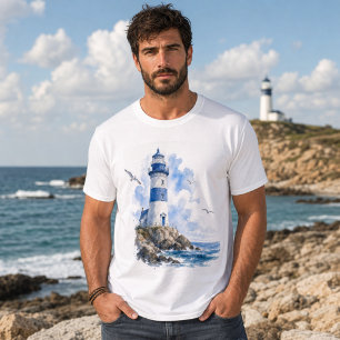 Camiseta masculina de faro costero azul y blanco